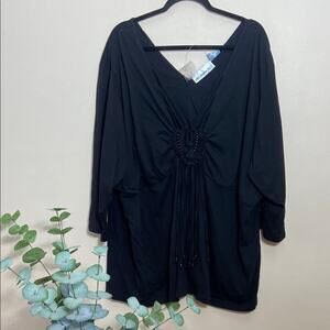 New Black Denim 24/7 Women's Plus 5X casual V-Neck Blouse Fringe BoHo Casual